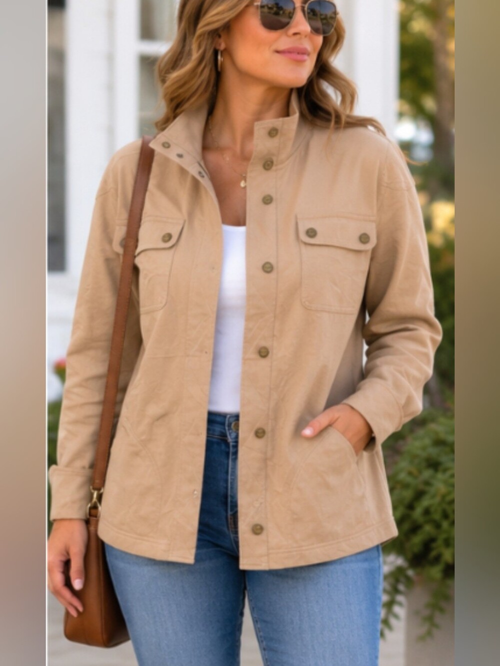 Lauren Ralph Lauren Beige Tan Utility Jacket Lightweight Full Zip Snap Button L